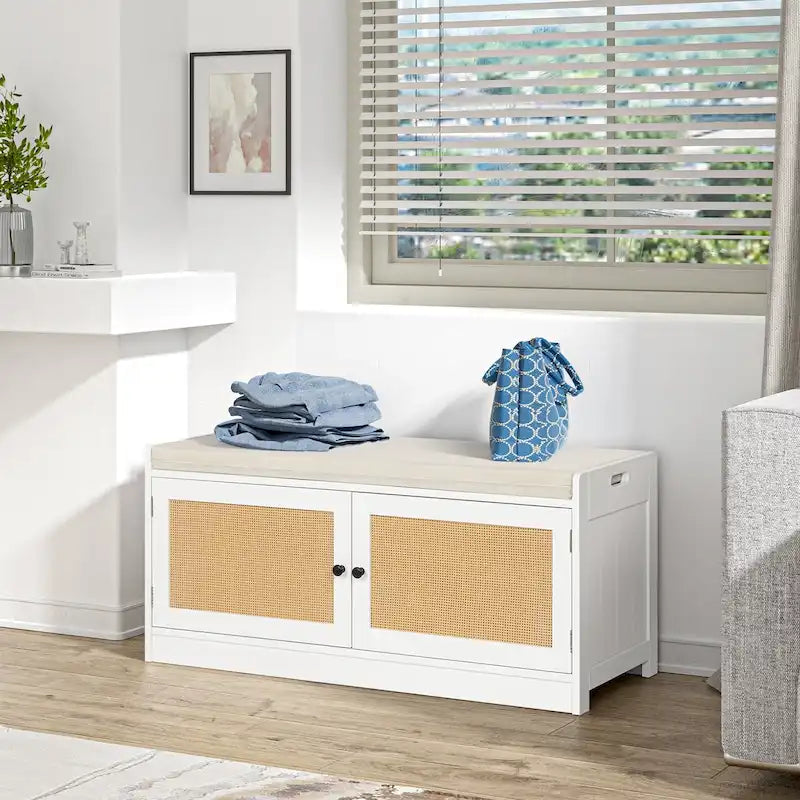 Banc de rangement à chaussures blanc pour entrée avec coussin et étagères réglables - 101,1 L x 39,9 P x 45,7 H cm