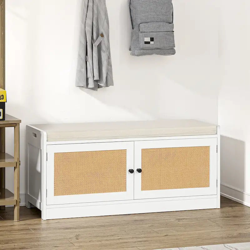 Banc de rangement à chaussures blanc pour entrée avec coussin et étagères réglables - 101,1 L x 39,9 P x 45,7 H cm