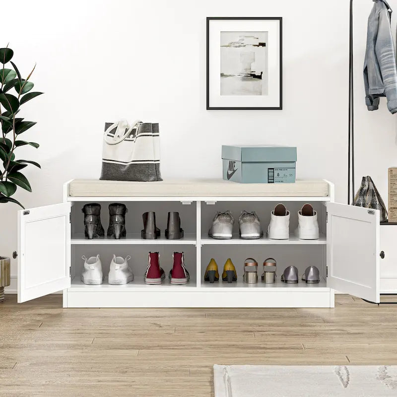 Banc de rangement à chaussures blanc pour entrée avec coussin et étagères réglables - 101,1 L x 39,9 P x 45,7 H cm