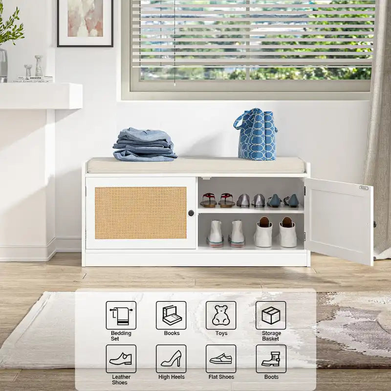 Banc de rangement à chaussures blanc pour entrée avec coussin et étagères réglables - 101,1 L x 39,9 P x 45,7 H cm