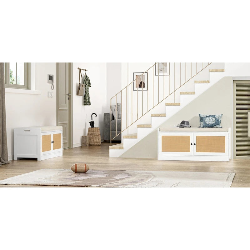 Banc de rangement à chaussures blanc pour entrée avec coussin et étagères réglables - 101,1 L x 39,9 P x 45,7 H cm