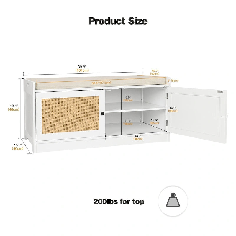 Banc de rangement à chaussures blanc pour entrée avec coussin et étagères réglables - 101,1 L x 39,9 P x 45,7 H cm