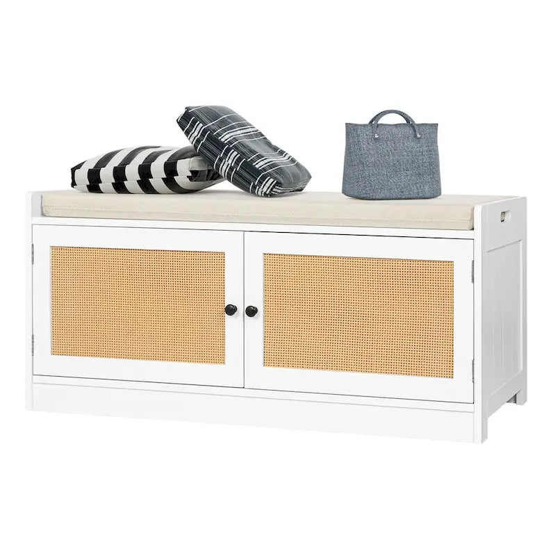 Banc de rangement à chaussures blanc pour entrée avec coussin et étagères réglables - 101,1 L x 39,9 P x 45,7 H cm