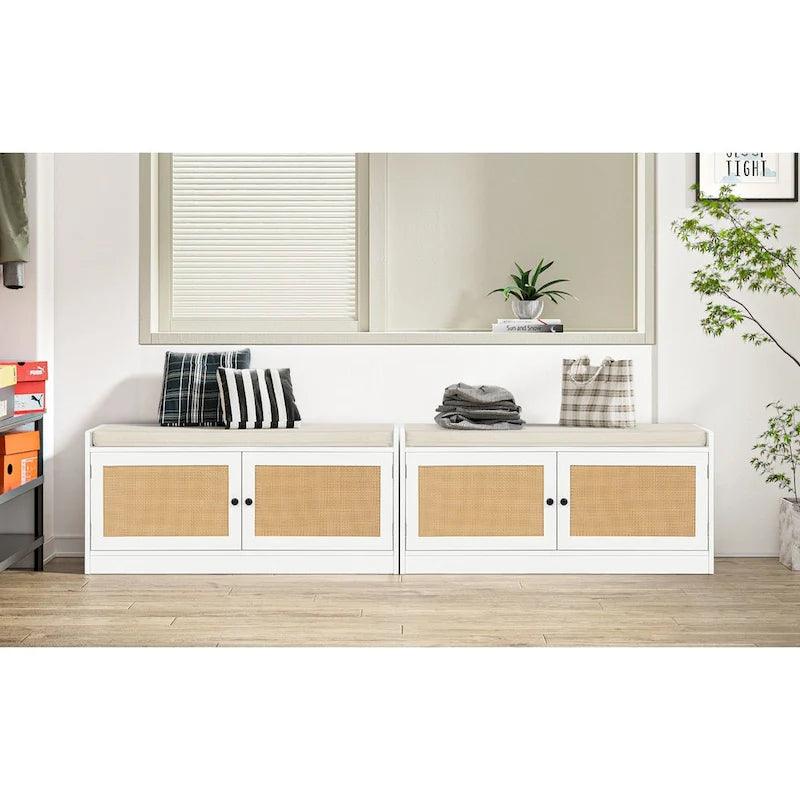 Banc de rangement à chaussures blanc pour entrée avec coussin et étagères réglables - 101,1 L x 39,9 P x 45,7 H cm