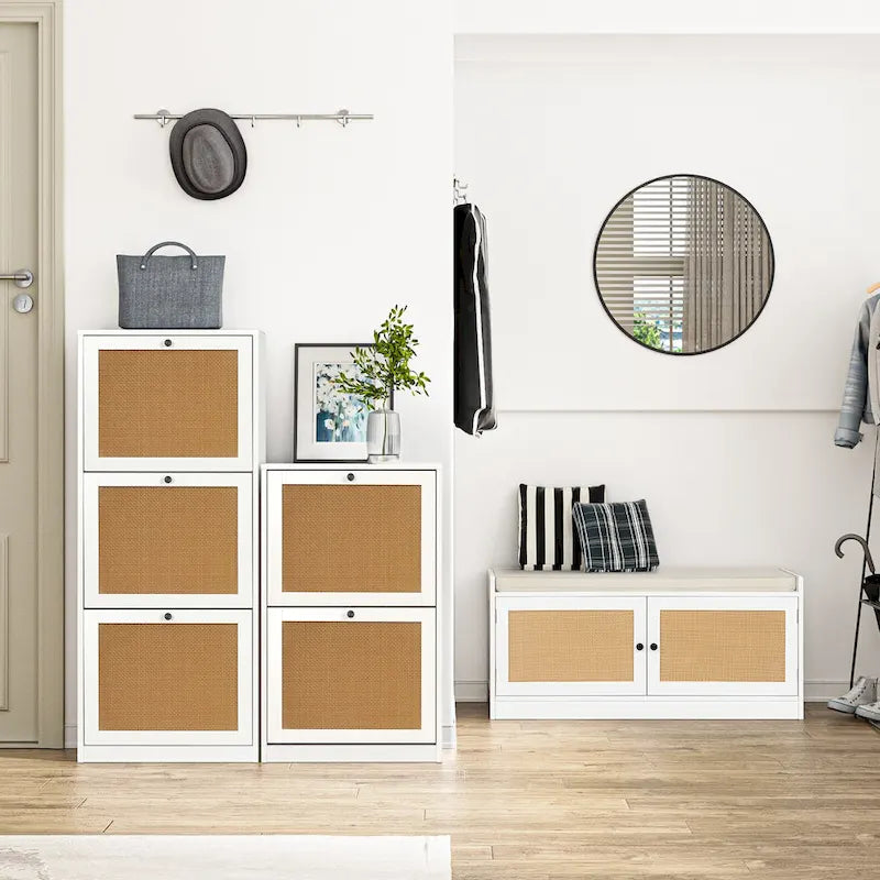 Banc de rangement à chaussures blanc pour entrée avec coussin et étagères réglables - 101,1 L x 39,9 P x 45,7 H cm