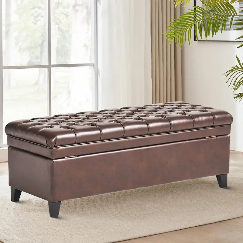 Banc de rangement capitonné classique et élégant avec assise décorée de boutons touffetés