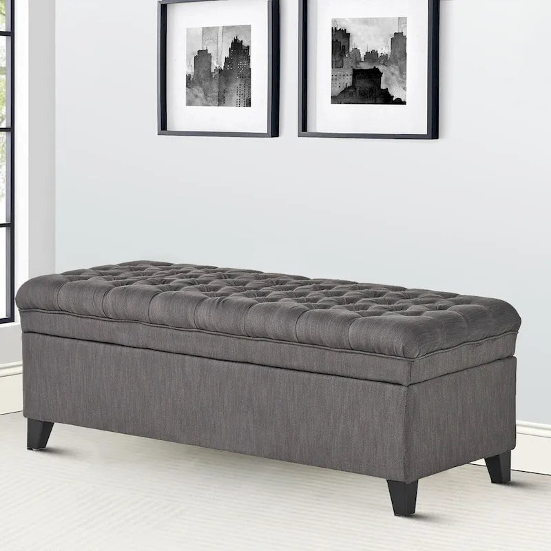 Banc de rangement capitonné classique et élégant avec assise décorée de boutons touffetés