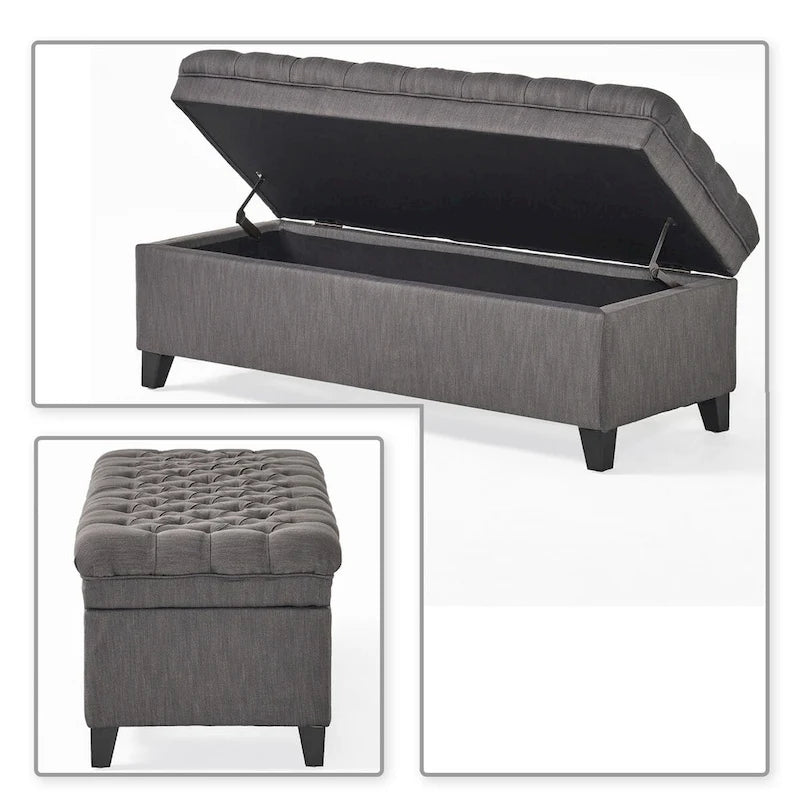 Banc de rangement capitonné classique et élégant avec assise décorée de boutons touffetés