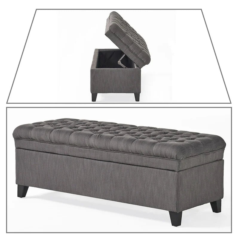 Banc de rangement capitonné classique et élégant avec assise décorée de boutons touffetés