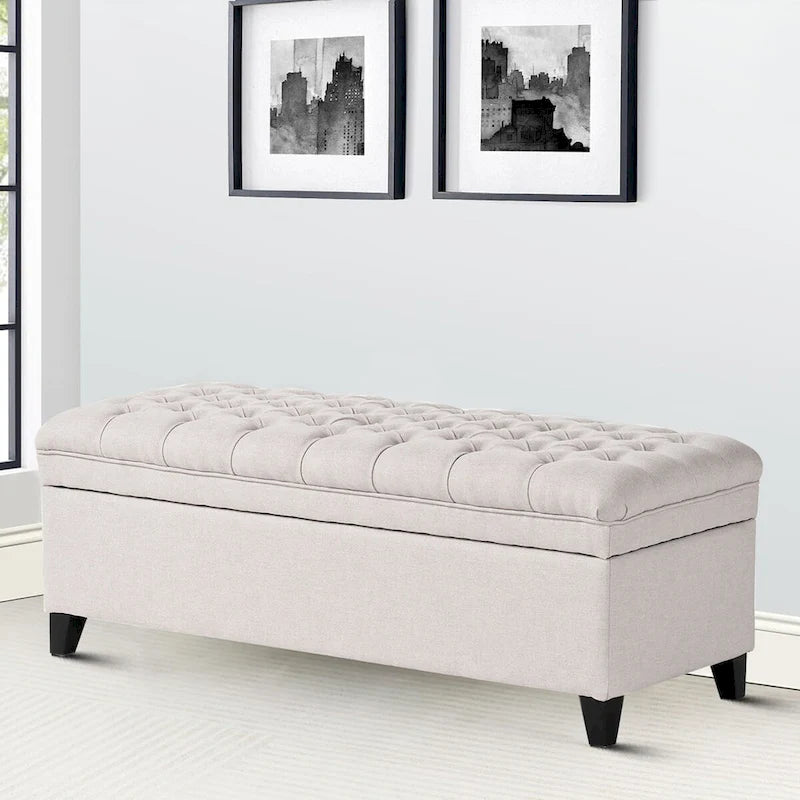 Banc de rangement capitonné classique et élégant avec assise décorée de boutons touffetés