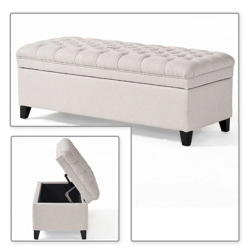 Banc de rangement capitonné classique et élégant avec assise décorée de boutons touffetés