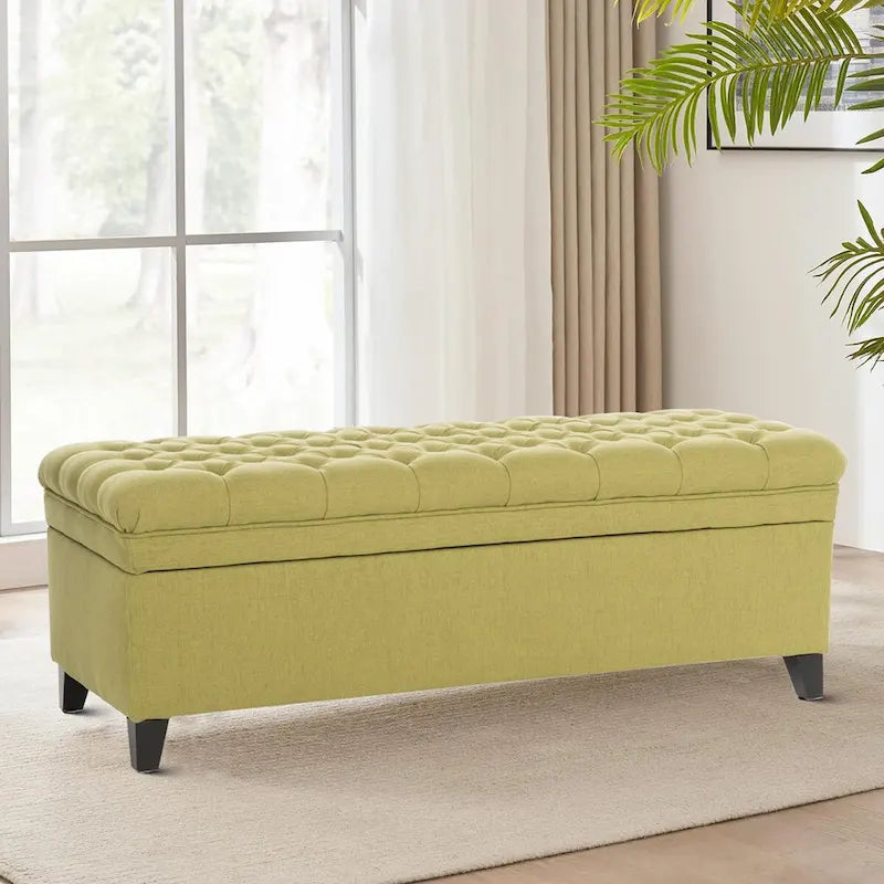 Banc de rangement capitonné classique et élégant avec assise décorée de boutons touffetés
