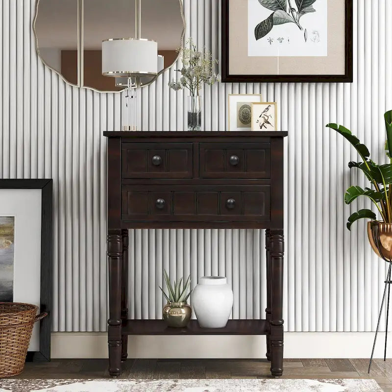 Narrow Slim Esspreso Console Table/Sofa Table with 3 Drawers and 1 Bottom Shelf - 23.7L x 13W x 31.1H