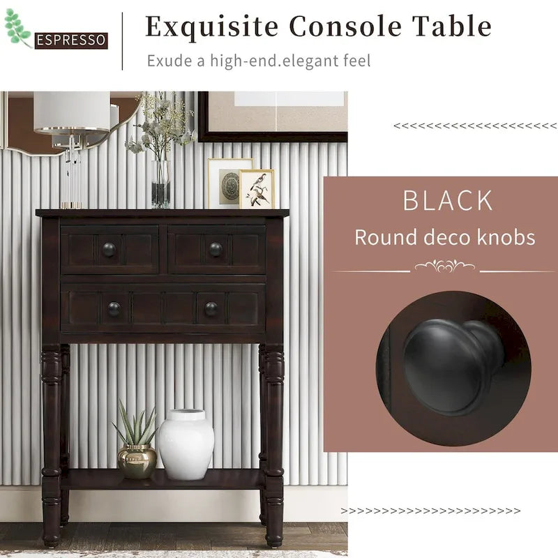 Narrow Slim Esspreso Console Table/Sofa Table with 3 Drawers and 1 Bottom Shelf - 23.7L x 13W x 31.1H