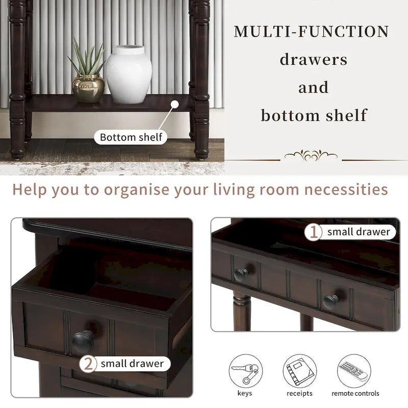 Narrow Slim Esspreso Console Table/Sofa Table with 3 Drawers and 1 Bottom Shelf - 23.7L x 13W x 31.1H