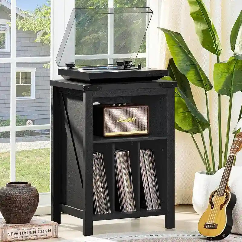 Meuble pour platine vinyle avec rangement pour disques - 15,74P x 19,68L x 29,01H