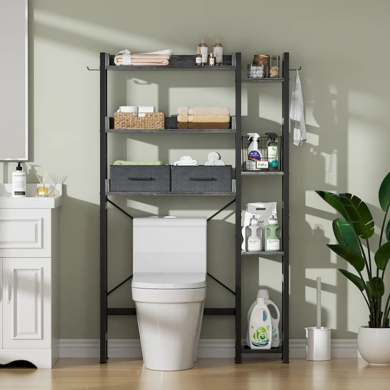 Étagère de rangement de 31 po au-dessus des toilettes avec 2 tiroirs et 4 crochets pour salle de bain et buanderie