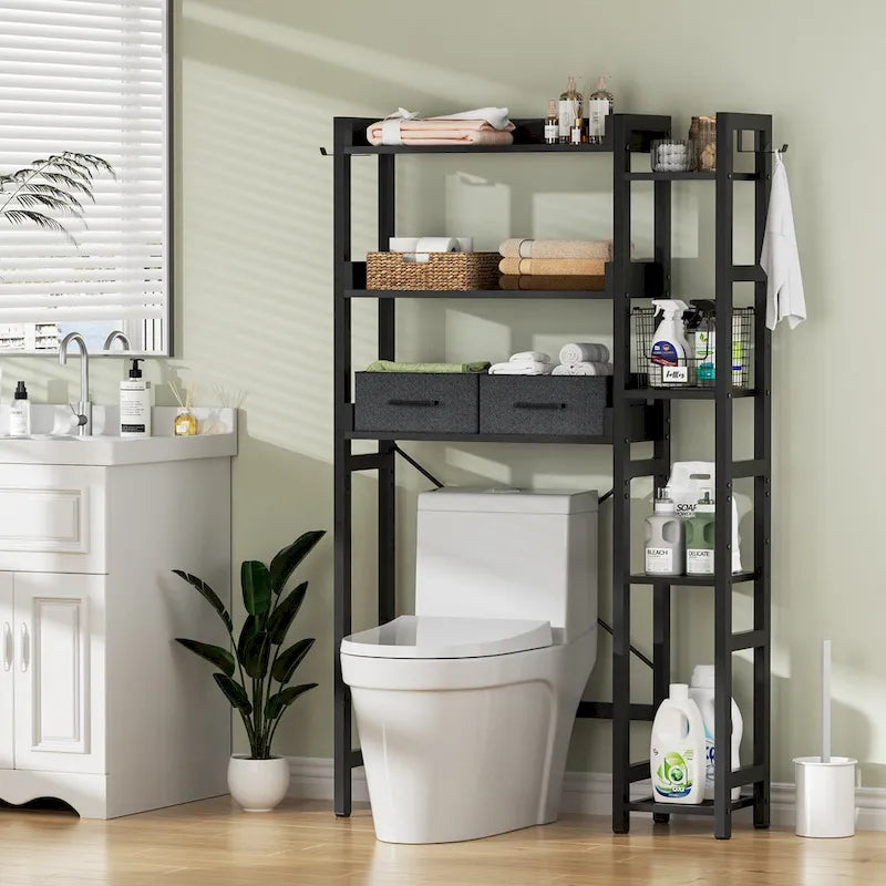 Étagère de rangement de 31 po au-dessus des toilettes avec 2 tiroirs et 4 crochets pour salle de bain et buanderie