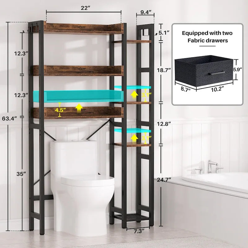 Étagère de rangement de 31 po au-dessus des toilettes avec 2 tiroirs et 4 crochets pour salle de bain et buanderie