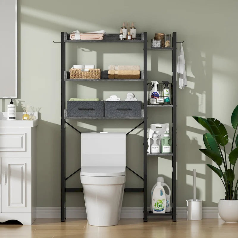 Étagère de rangement de 31 po au-dessus des toilettes avec 2 tiroirs et 4 crochets pour salle de bain et buanderie