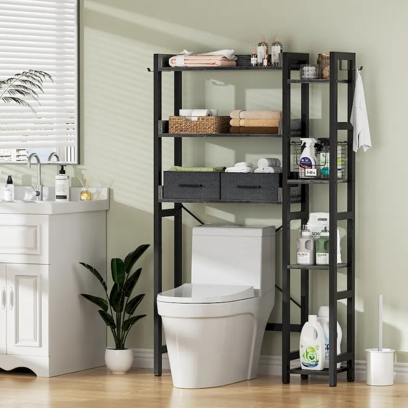 Étagère de rangement de 31 po au-dessus des toilettes avec 2 tiroirs et 4 crochets pour salle de bain et buanderie