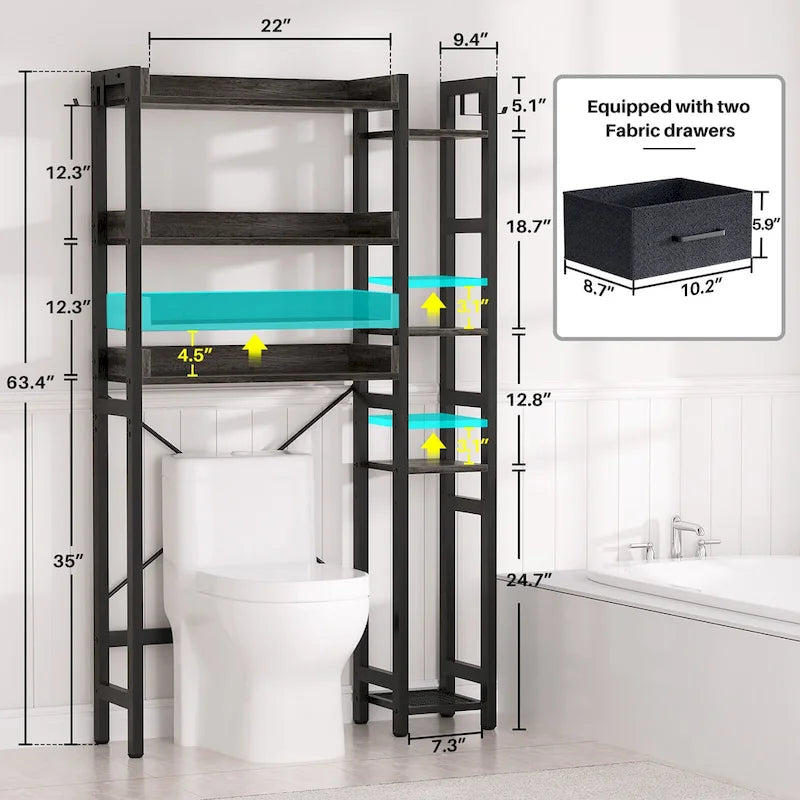 Étagère de rangement de 31 po au-dessus des toilettes avec 2 tiroirs et 4 crochets pour salle de bain et buanderie