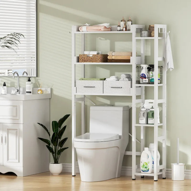 Étagère de rangement de 31 po au-dessus des toilettes avec 2 tiroirs et 4 crochets pour salle de bain et buanderie