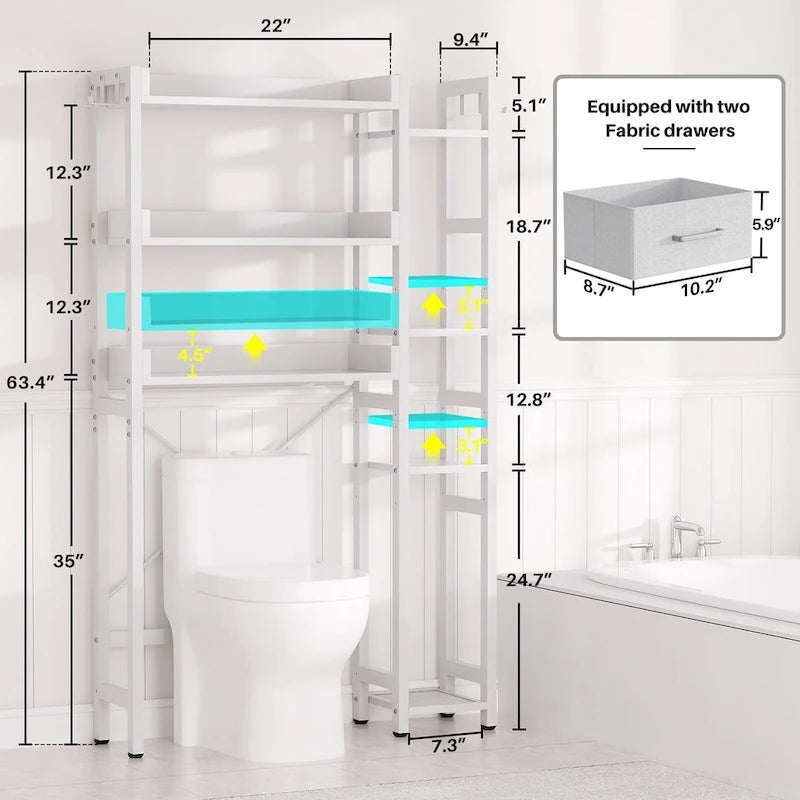 Étagère de rangement de 31 po au-dessus des toilettes avec 2 tiroirs et 4 crochets pour salle de bain et buanderie