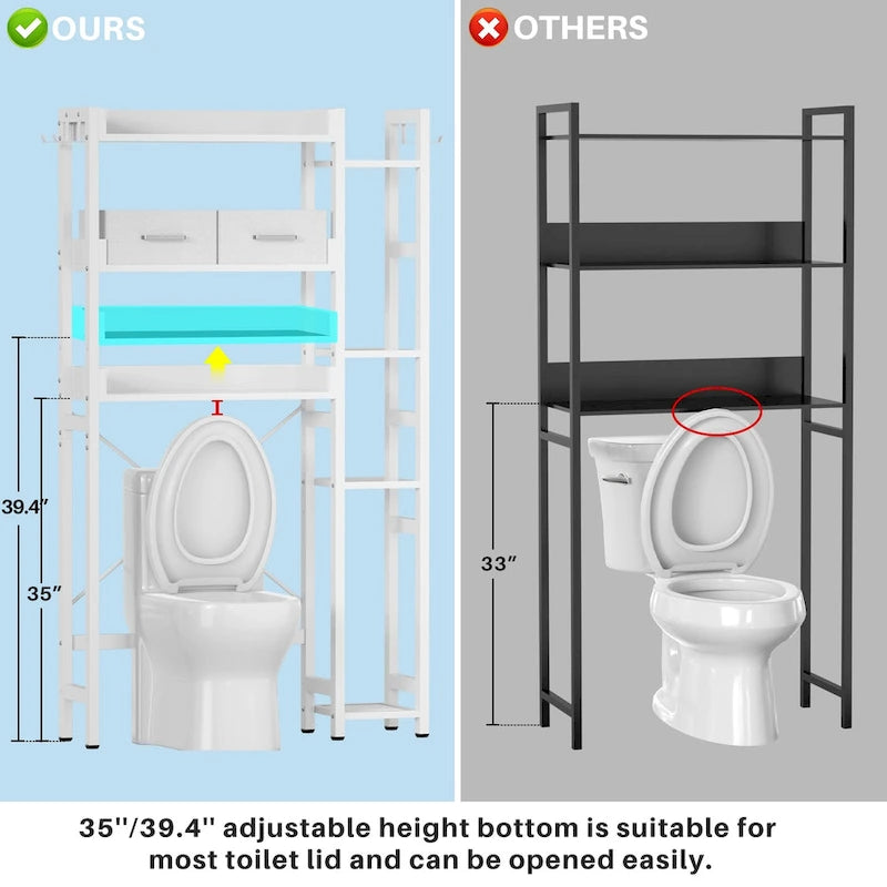 Étagère de rangement de 31 po au-dessus des toilettes avec 2 tiroirs et 4 crochets pour salle de bain et buanderie