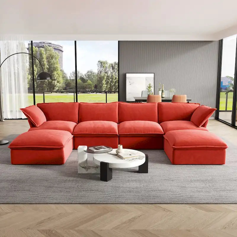 Canapé d'angle en velours en U avec assise large et profonde en plumes et duvet, convertible avec 2 poufs de rangement.