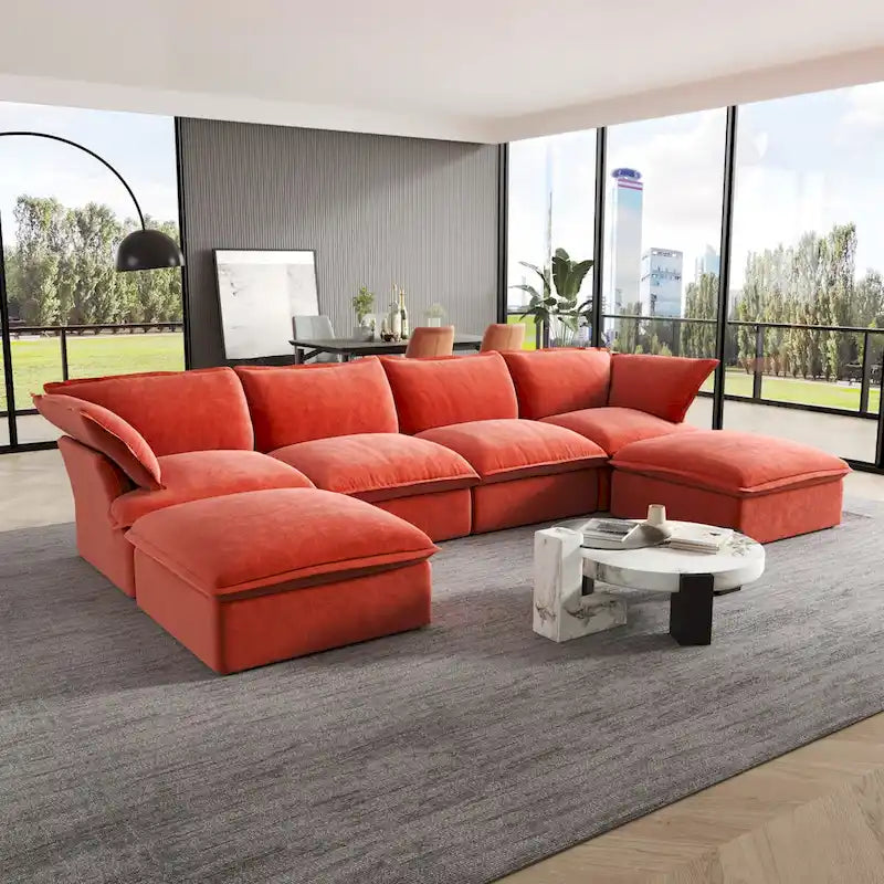 Canapé d'angle en velours en U avec assise large et profonde en plumes et duvet, convertible avec 2 poufs de rangement.