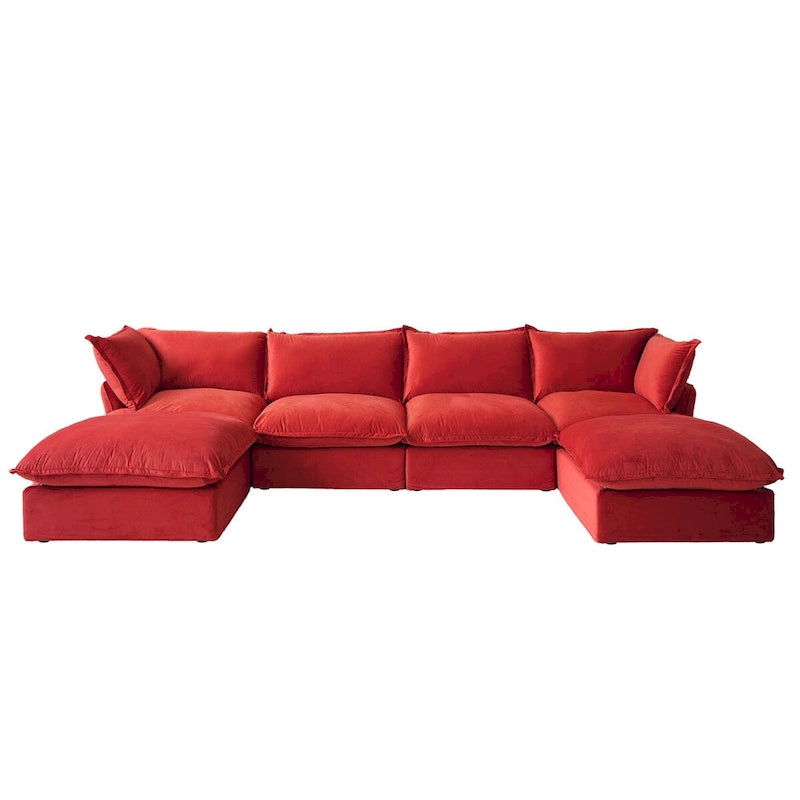 Canapé d'angle en velours en U avec assise large et profonde en plumes et duvet, convertible avec 2 poufs de rangement.