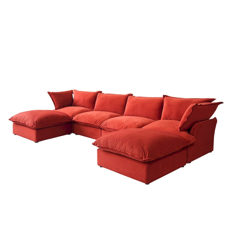 Canapé d'angle en velours en U avec assise large et profonde en plumes et duvet, convertible avec 2 poufs de rangement.