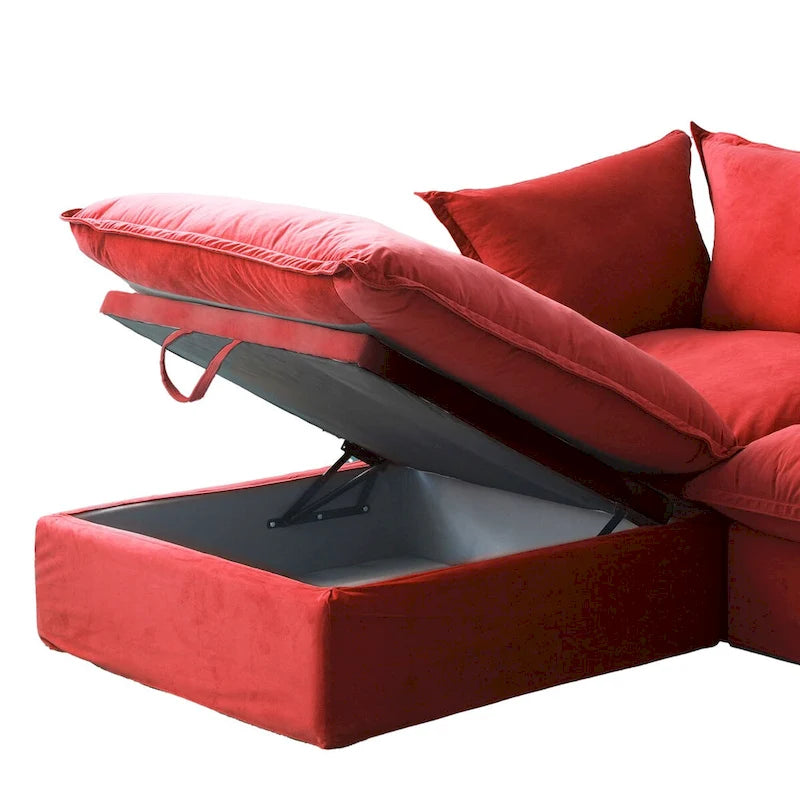 Canapé d'angle en velours en U avec assise large et profonde en plumes et duvet, convertible avec 2 poufs de rangement.