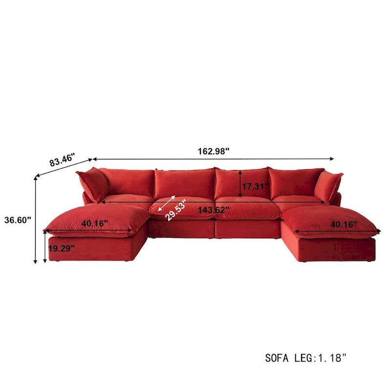 Canapé d'angle en velours en U avec assise large et profonde en plumes et duvet, convertible avec 2 poufs de rangement.
