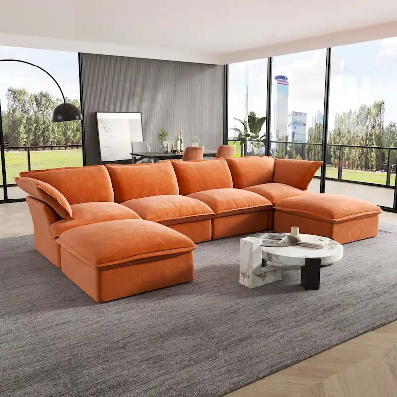 Canapé d'angle en velours en U avec assise large et profonde en plumes et duvet, convertible avec 2 poufs de rangement.