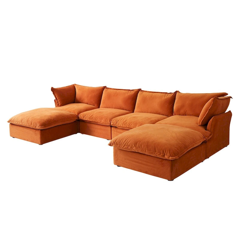Canapé d'angle en velours en U avec assise large et profonde en plumes et duvet, convertible avec 2 poufs de rangement.