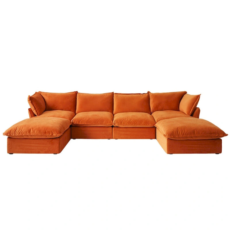 Canapé d'angle en velours en U avec assise large et profonde en plumes et duvet, convertible avec 2 poufs de rangement.