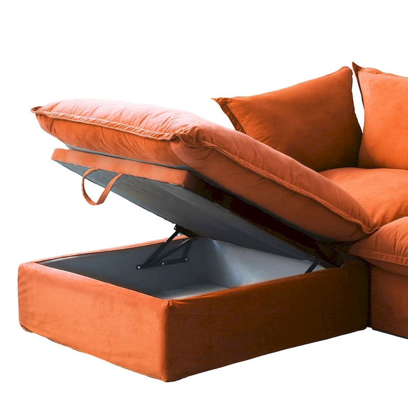 Canapé d'angle en velours en U avec assise large et profonde en plumes et duvet, convertible avec 2 poufs de rangement.