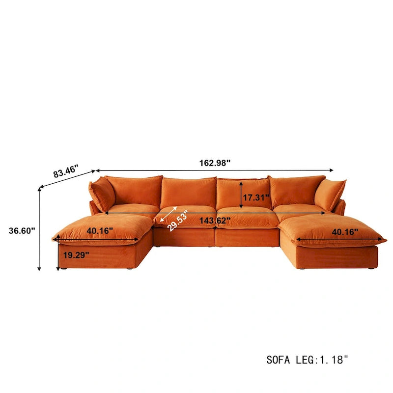 Canapé d'angle en velours en U avec assise large et profonde en plumes et duvet, convertible avec 2 poufs de rangement.
