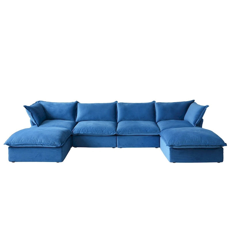 Canapé d'angle en velours en U avec assise large et profonde en plumes et duvet, convertible avec 2 poufs de rangement.
