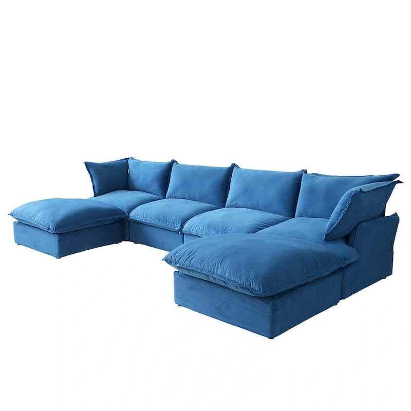 Canapé d'angle en velours en U avec assise large et profonde en plumes et duvet, convertible avec 2 poufs de rangement.