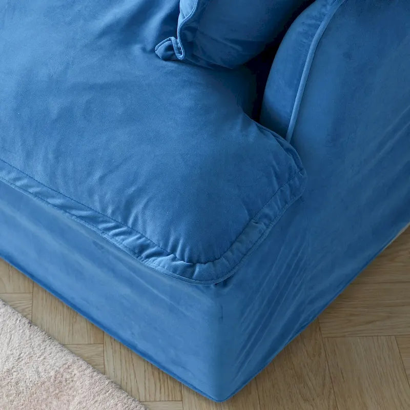 Canapé d'angle en velours en U avec assise large et profonde en plumes et duvet, convertible avec 2 poufs de rangement.