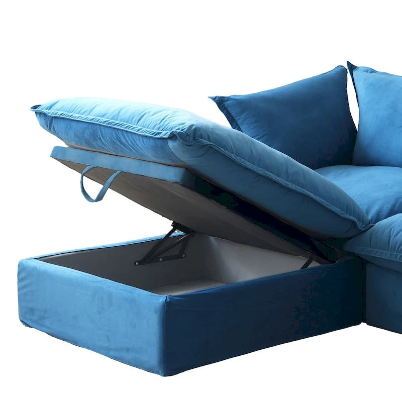 Canapé d'angle en velours en U avec assise large et profonde en plumes et duvet, convertible avec 2 poufs de rangement.