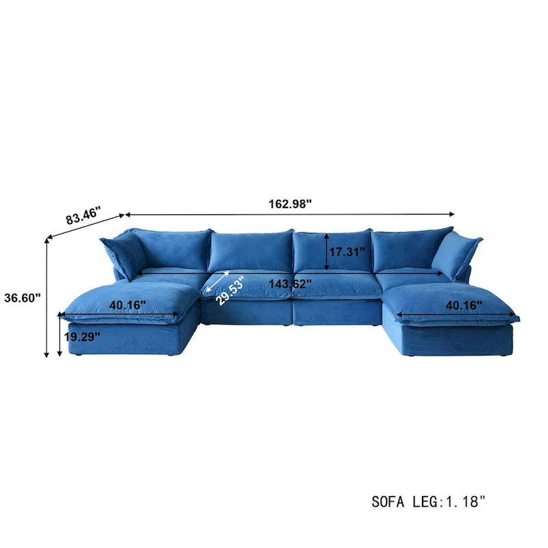 Canapé d'angle en velours en U avec assise large et profonde en plumes et duvet, convertible avec 2 poufs de rangement.