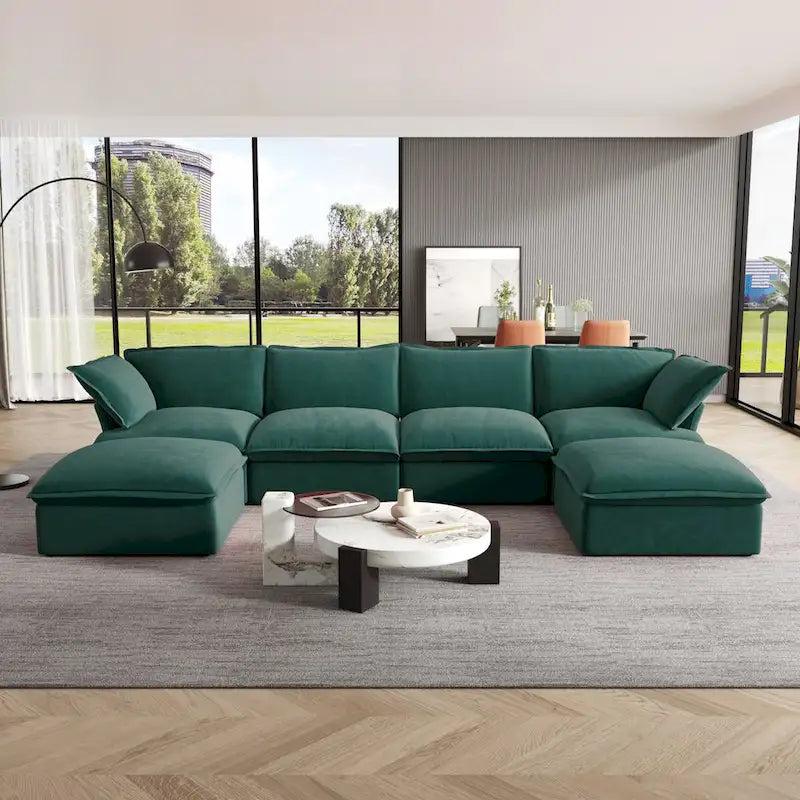 Canapé d'angle en velours en U avec assise large et profonde en plumes et duvet, convertible avec 2 poufs de rangement.