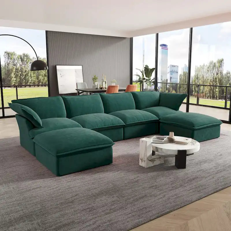 Canapé d'angle en velours en U avec assise large et profonde en plumes et duvet, convertible avec 2 poufs de rangement.