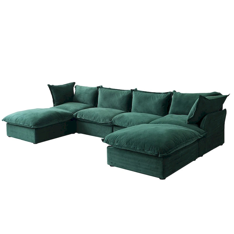 Canapé d'angle en velours en U avec assise large et profonde en plumes et duvet, convertible avec 2 poufs de rangement.