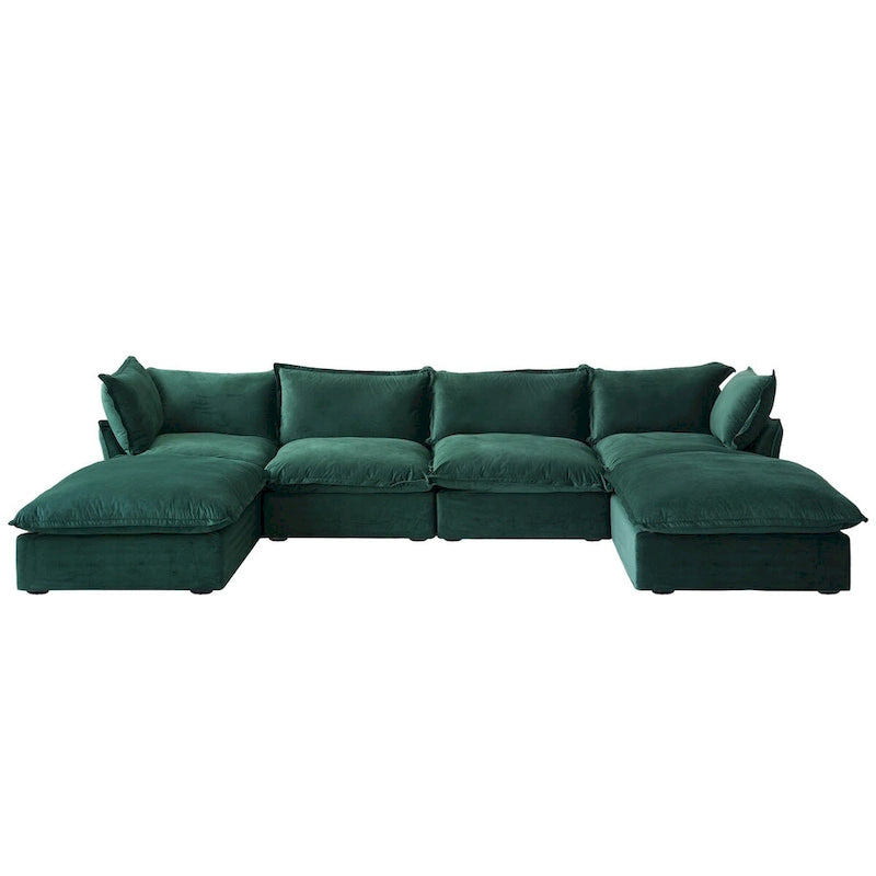 Canapé d'angle en velours en U avec assise large et profonde en plumes et duvet, convertible avec 2 poufs de rangement.