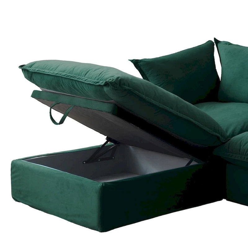 Canapé d'angle en velours en U avec assise large et profonde en plumes et duvet, convertible avec 2 poufs de rangement.